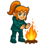 McSkidy warming her hands over a fire