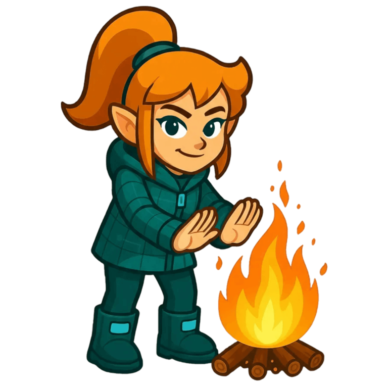 McSkidy warming her hands over a fire