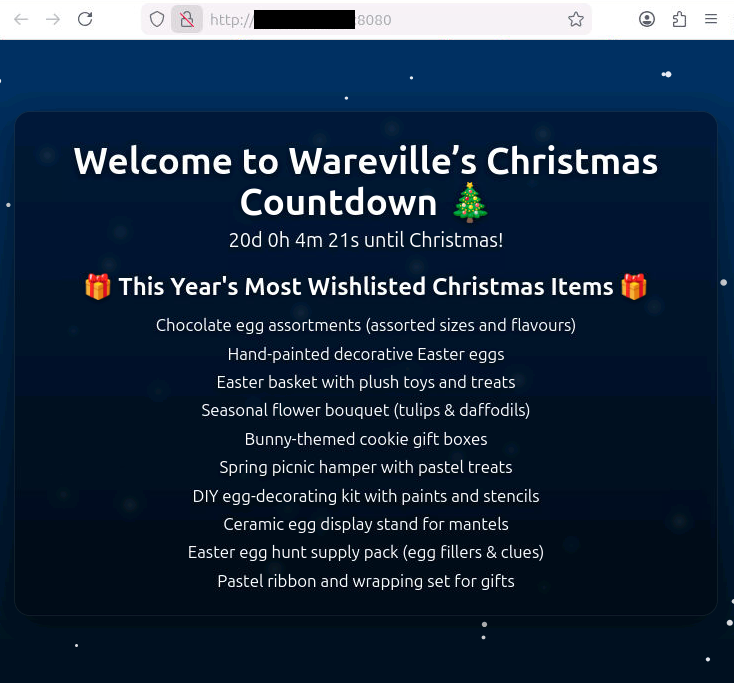 Screenshot of the web service page in Firefox. Currently corrupted and listing Easter themed gifts.