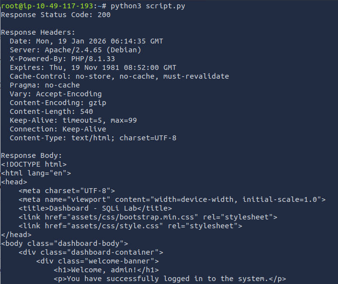 Screenshot of terminal displaying HTTP response from running script
