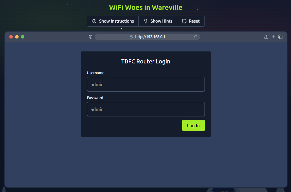 Screenshot of the emulated router login page