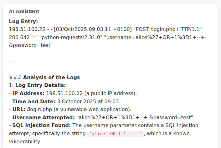 Screenshot of chatbot analysis of logs