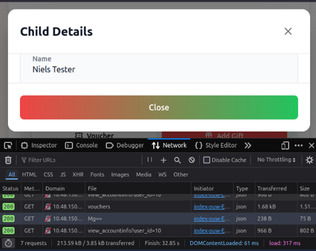 Screenshot of a child's details and the network tab of developer tools