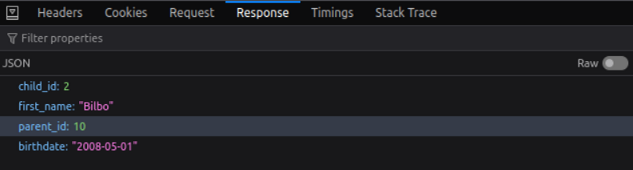 Screenshot of response tab of developer tools