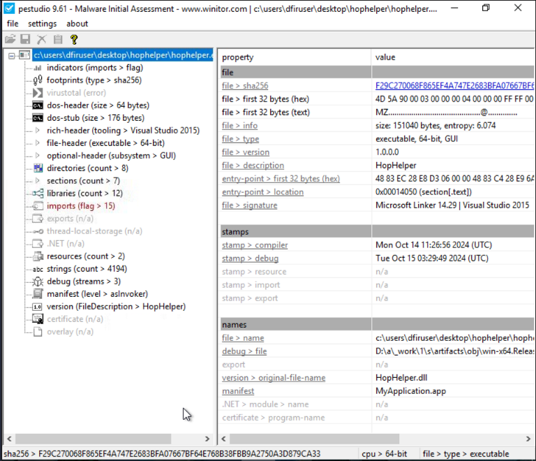 Screenshot of pestudio once hophelper is opened