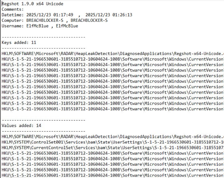 Screenshot of registry changes