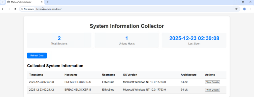 Screenshot of the C2 server for the malware