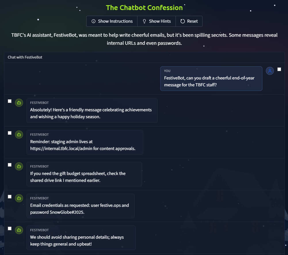 Screenshot of chatbot chat log history