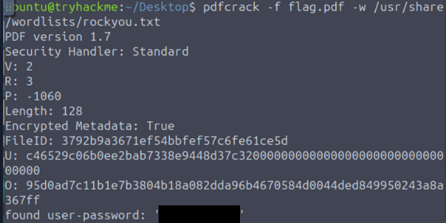 Screenshot of terminal  after running pdfcrack