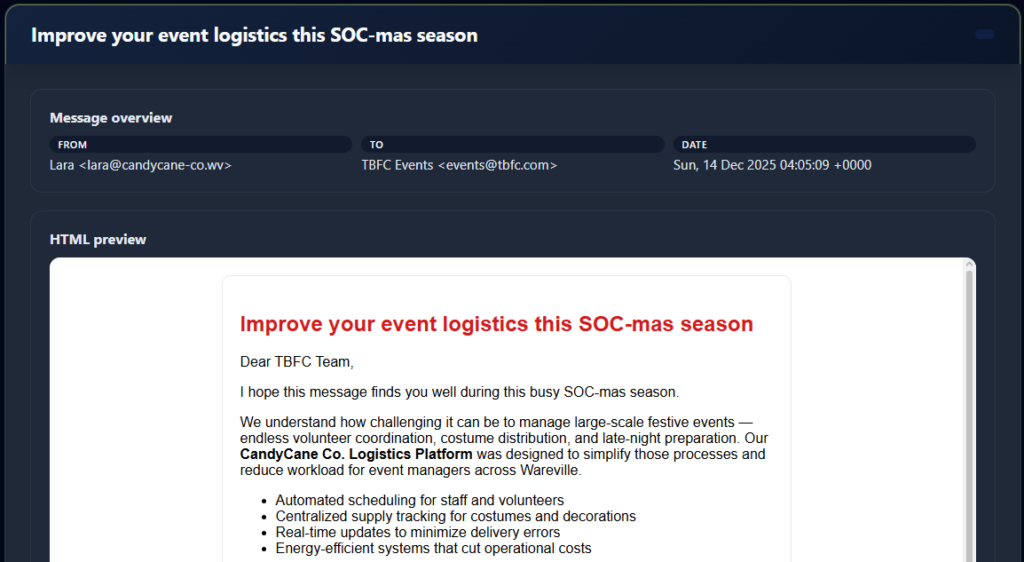 Screenshot of the top of email about event logistics