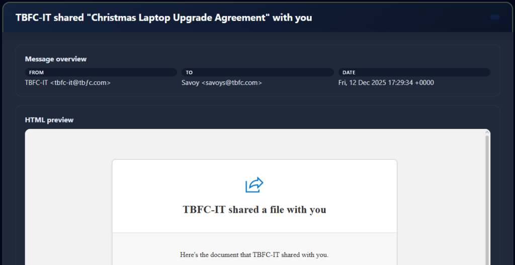 Screenshot of top of Christmas Laptop Upgrade Agreement email