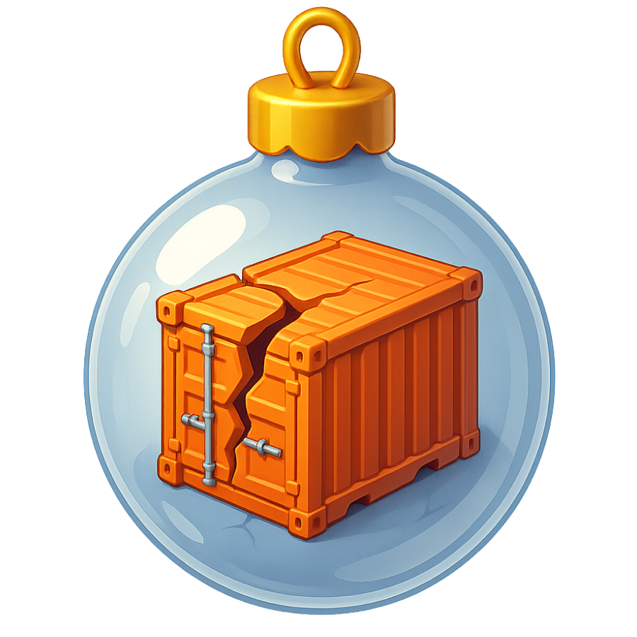 Clear Christmas ornament with a broken orange container inside