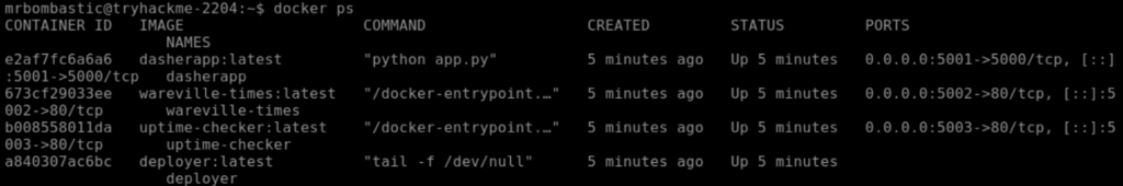 Screenshot of the terminal listing running containers