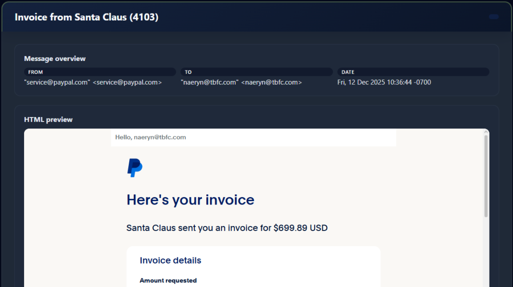 Screenshot of the top of email from PayPal about an invoice from Santa Claus