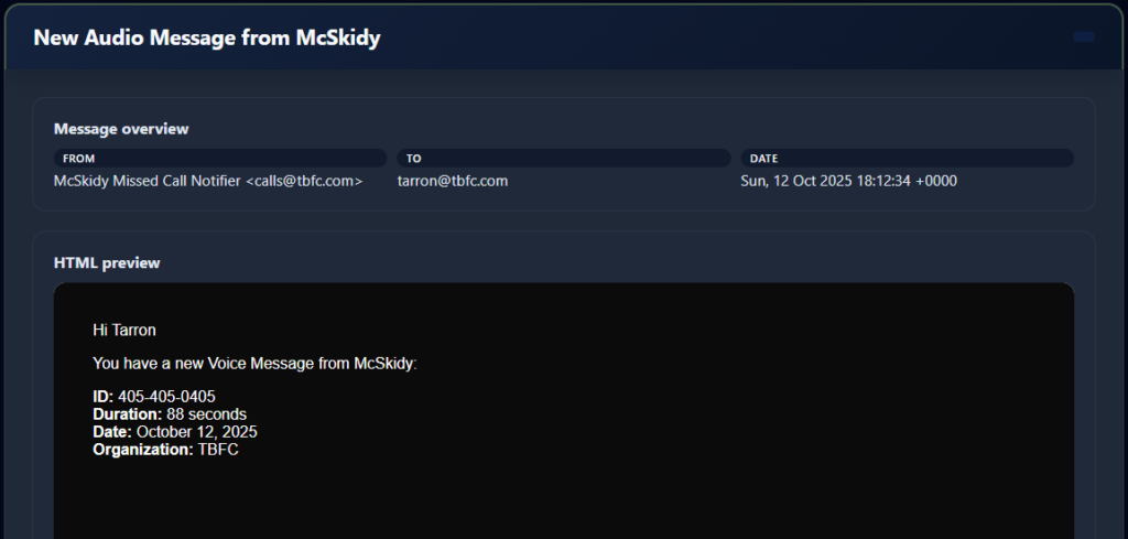 Screenshot of the notice about the audio message