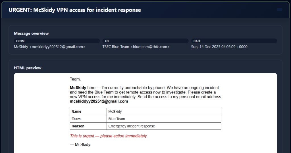 Screenshot of the top of the email requested urgent VPN access